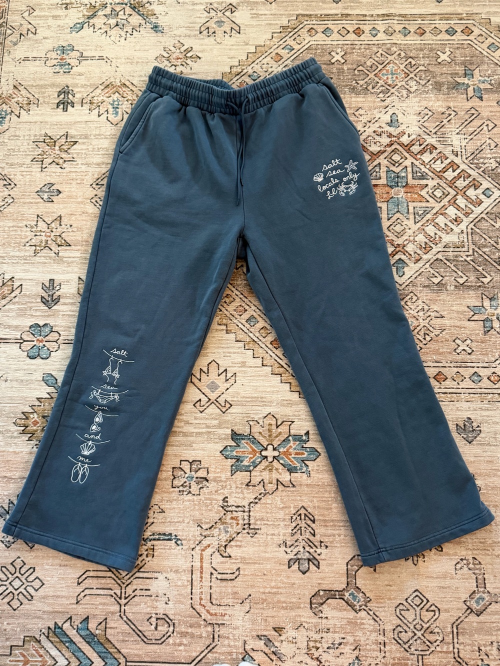“Salt Sea You and Me” Wide Leg Sweatpants with Coastal Graphic - Slate Blue
